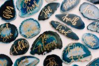 blue agate wedding escort cards with gold are gorgeous for a beach, coastal or nautical wedding