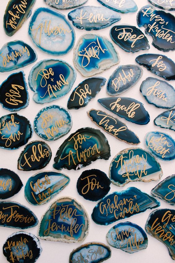 blue agate wedding escort cards with gold are gorgeous for a beach, coastal or nautical wedding