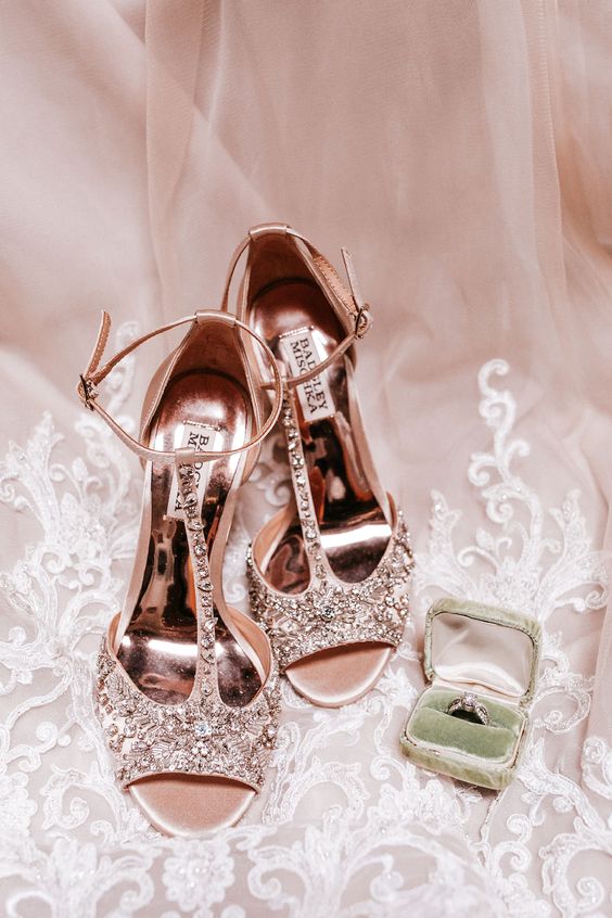 blush heavily embellished T strap wedding shoes with peep toesare amazing for a glam bridal look and will bring a soft touch of color