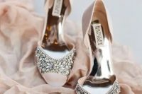 blush peep toe wedding shoes with a heavily embellished top to add a sparkle to your bridal look