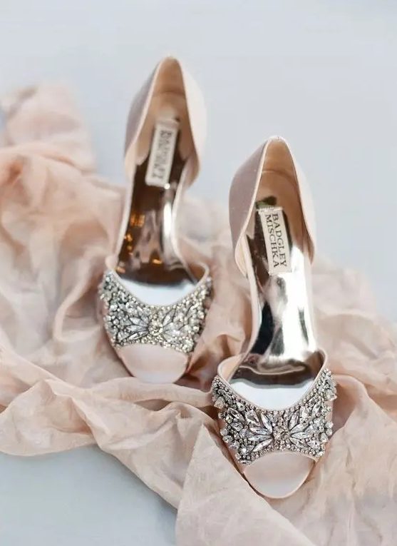 blush peep toe wedding shoes with a heavily embellished top to add a sparkle to your bridal look