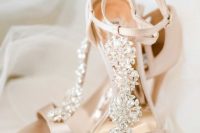 blush wedding shoes with heavy floral embellishments and ankle straps are a gorgeous and very girlish idea