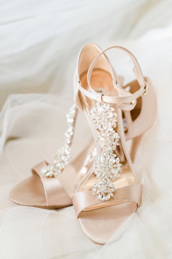 blush wedding shoes with heavy floral embellishments and ankle straps are a gorgeous and very girlish idea