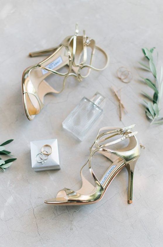bold metallic gold strappy wedding shoes will bring glam elegance to your super glam and shiny bridal look