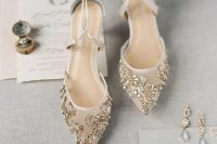chic semi sheer white wedding shoes with gold rhinestone embroidery and straps for an ethereal look