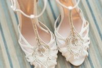 creamy strappy wedding shoes with embellishments and T-straps are very refined and will add a touch of bling