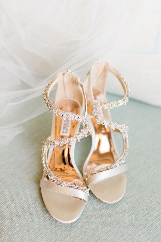 delicate creamy heavily embellished strappy heeled sandals are amazing for a spring or summer bridal look