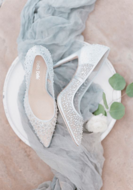 delicate pale blue semi sheer wedding shoes with sequins here and there are a chic and lovely idea for a spring or summer bride