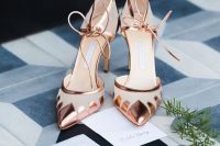 elegant creamy and shiny copper wedding shoes with laces will be a catchy part of your outfit and will add a bit of shine