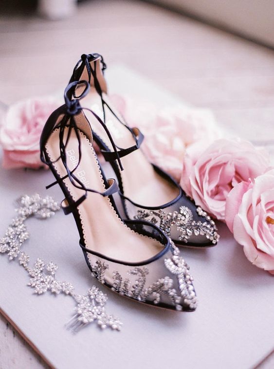 exquisite semi sheer black shoes with beautiful rhinestone and pearl embroidery plsu laces are amazing for a refined bride