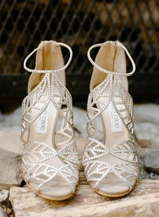 fully embellished strappy heels with leafy parts look wow and strike at once, perfect for a summer or fall wedding