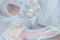 gorgeous blue peep toe wedding shoes with heavy embellishments and metallic straps for your ‘something blue’