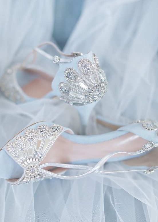 gorgeous blue peep toe wedding shoes with heavy embellishments and metallic straps for your 'something blue'