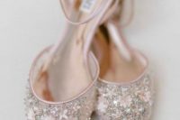 gorgeous blush flat wedding shoes with heavy yet very delicate embellishments and ankle straps are amazing