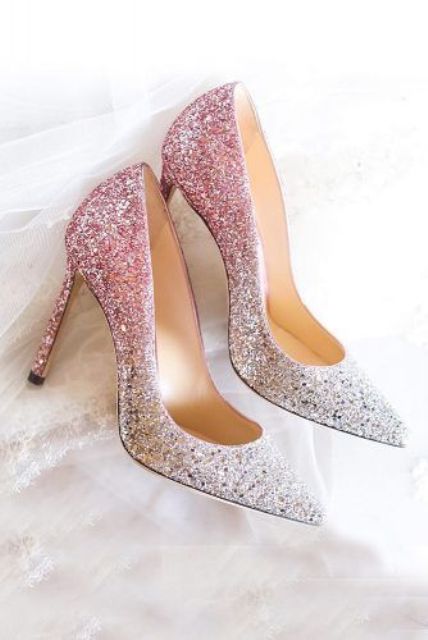 gorgeous ombre pink to silver glitter wedding shoes will make your bridal outfit more eye catchy and bold and will add a touch of shine