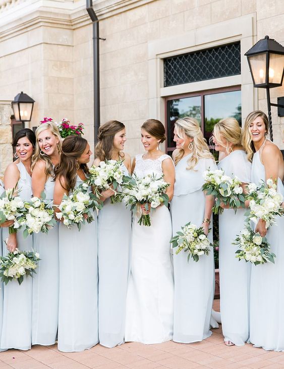 mismatching powder blue maxi bridesmaid dresses to rock for a sprign or summer wedding