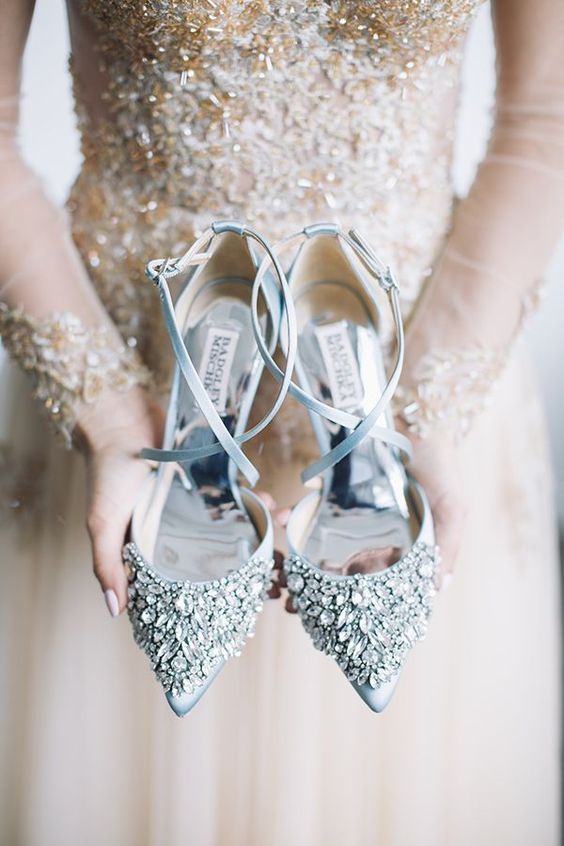 pastel blue heavily embellished wedding shoes with thin straps are amazing for a sophisticated bridal look and will be your something blue