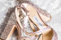 pink sequin block heel wedding shoes with ankle straps are pure glam and fun and will do for a very girlish bridal outfit