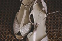 romantic glam silver glitter wedding shoes with metallic touches and peep toes add a bling to the look