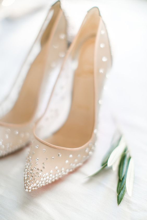 semi sheer blushw edding shoes with small rhinestones are a gorgeous girlish and chic touch to the bridal look