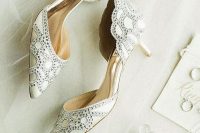 super refined embellished wedding shoes in neutrals and with kitten heels are shiny and very elegant