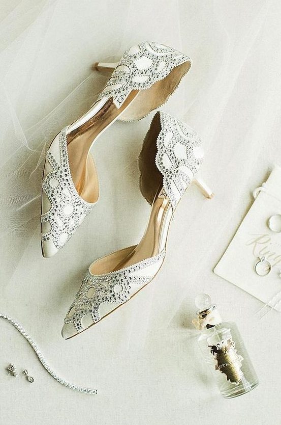 super refined embellished wedding shoes in neutrals and with kitten heels are shiny and very elegant