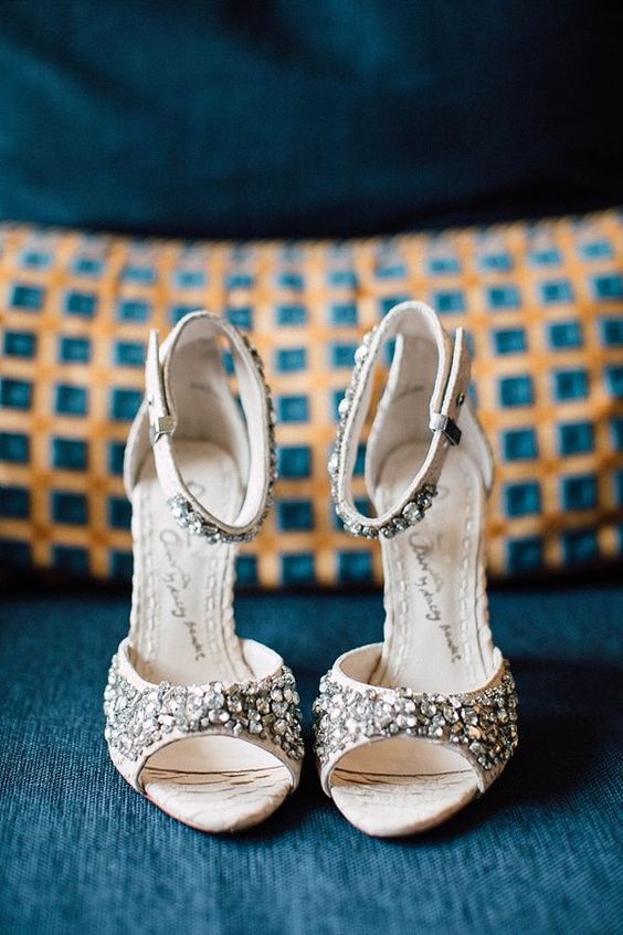 vintage-inspired embellished ankle strap wedding shoes are amazing to finish off your bridal look with a touch of shine