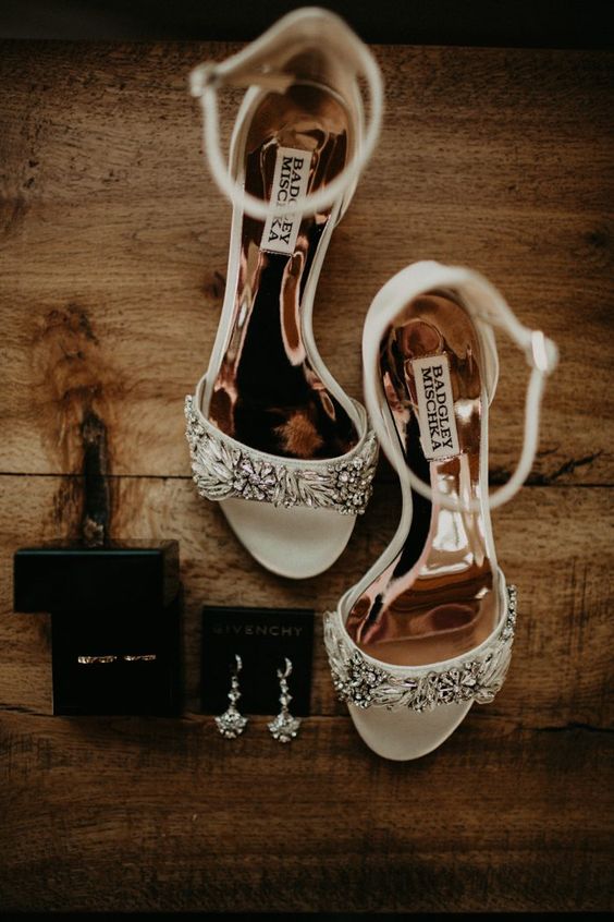 white embellished ankle strap wedding shoes with open toes are amazing for a spring or summer bride who loves glam and shiny touches