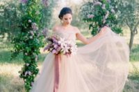 a blush off the shoulder airy weddding ballgown is a gorgeous idea for a spring or summer bride