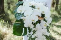 a lush cascading wedding bouquet with large monstera leaves and white orchids for an elegant feel