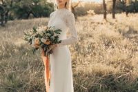 a stylish casual fitting wedding dress with a strapless underdress, long sleeves and an illusion neckline