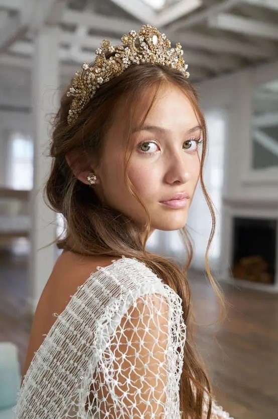 a fabulous gold and mother of pearl floral crown will give your look a princess-like or queen-like feel at once