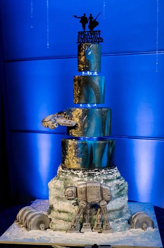 a jaw-dropping Star Wars wedding cake with a galaxy look, Millenial Falcon, Leia and Han silhouettes and much more