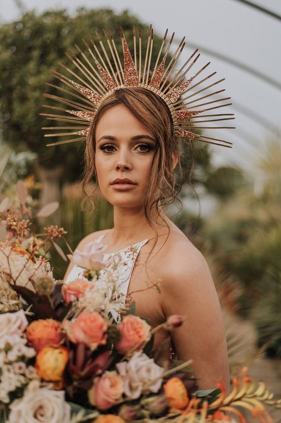 a spectacular sunburst bridal crown in brass, with rose gold glitter spike touches for a unique look