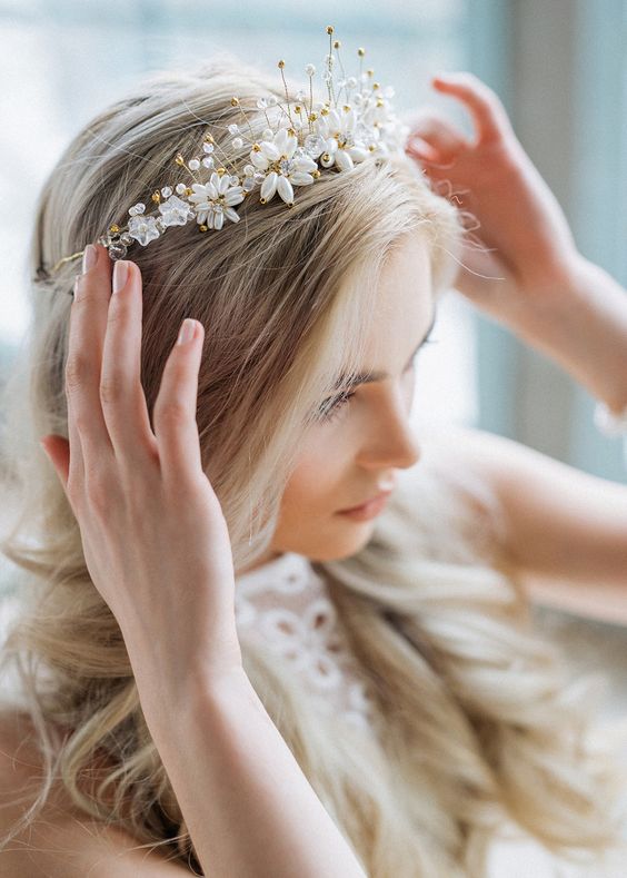 a stunning pearl, gold bead and crystal bridal crown will finish off your look in a beautiful way