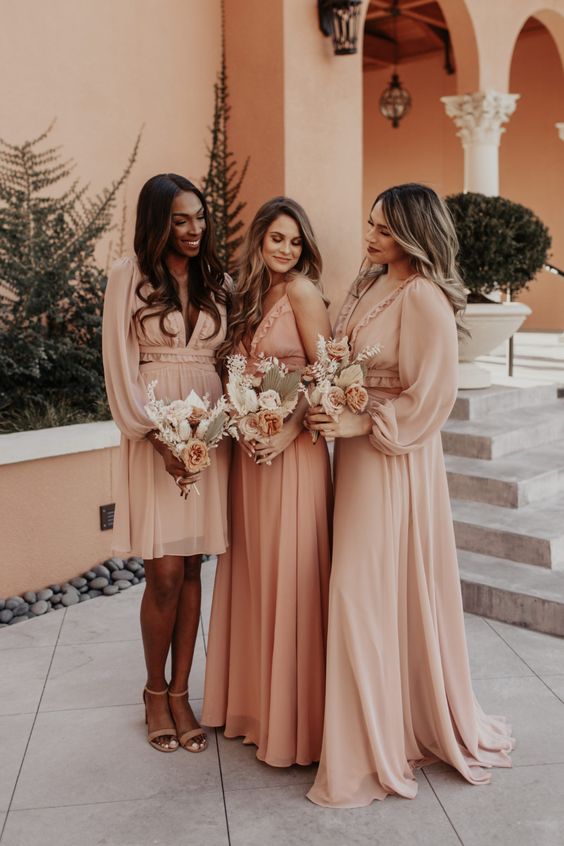 beautiful blush and peachy pink mismatching bridesmaid dresses – shot and maxi ones with trains are amazing