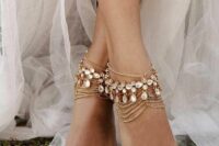 gorgeous multi-tiered gold chain anklets with large rhinestones are amazing for a boho bride, wherever you are celebrating your wedding