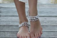 layered silver chain anklets with small silver bells are amazing for a gypsy or a boho bridal look