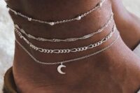 silver chain anklets with silver beads and a half moon charm are an amazing combo for a celestial bride