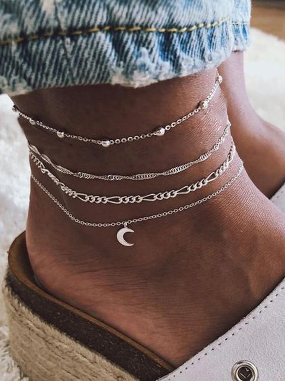 silver chain anklets with silver beads and a half moon charm are an amazing combo for a celestial bride