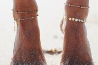 subtle and delicate anklets, gold chain ones with beads and colorful coins are amazing for a catchy boho bridal look, not only a beach one
