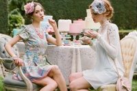 vintage pastel looks for a vintage bridal shower, with floral headpieces and blue and pink shoes