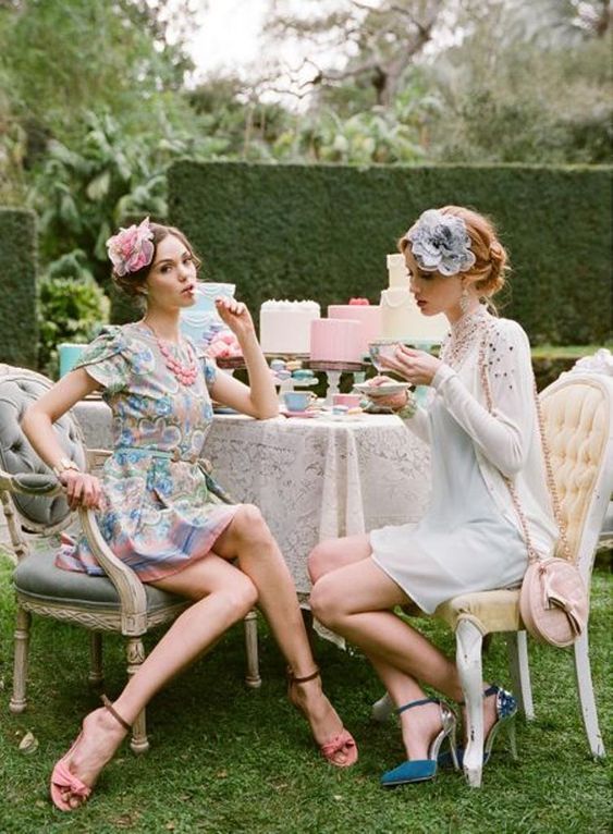 vintage pastel looks for a vintage bridal shower, with floral headpieces and blue and pink shoes