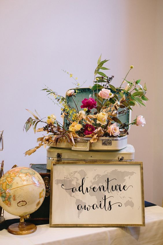 vintage travel-themed bridal shower decor with a vintage suitcase with blooms and greenery, a sign and a globe is a cool idea
