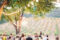 a beautiful and homey wedding vineyard reception under the trees with lights and with a view of the vines