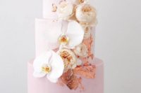 a blush and light pink wedding cake with white orchids and peony roses, copper foil is a stylish solution for a spring or tropical wedding