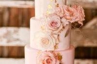 a cool wedding cake with a white and light pink tier, gold foil, pink and white roses is a lovely idea for spring and summer