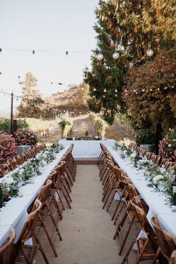 a neutral vineyard wedding reception with greenery runners and white blooms, and a vine view and string lights over the space