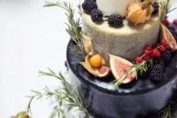 a usual glazed and cheese wheel wedding cake merged into one and topped with fresh fruit and herbs is a very creative and cool idea