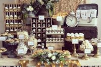 a vintage sweets table with marquee letters, jars with lids, wooden shelving units for sweets and a glam gold sequin backdrop